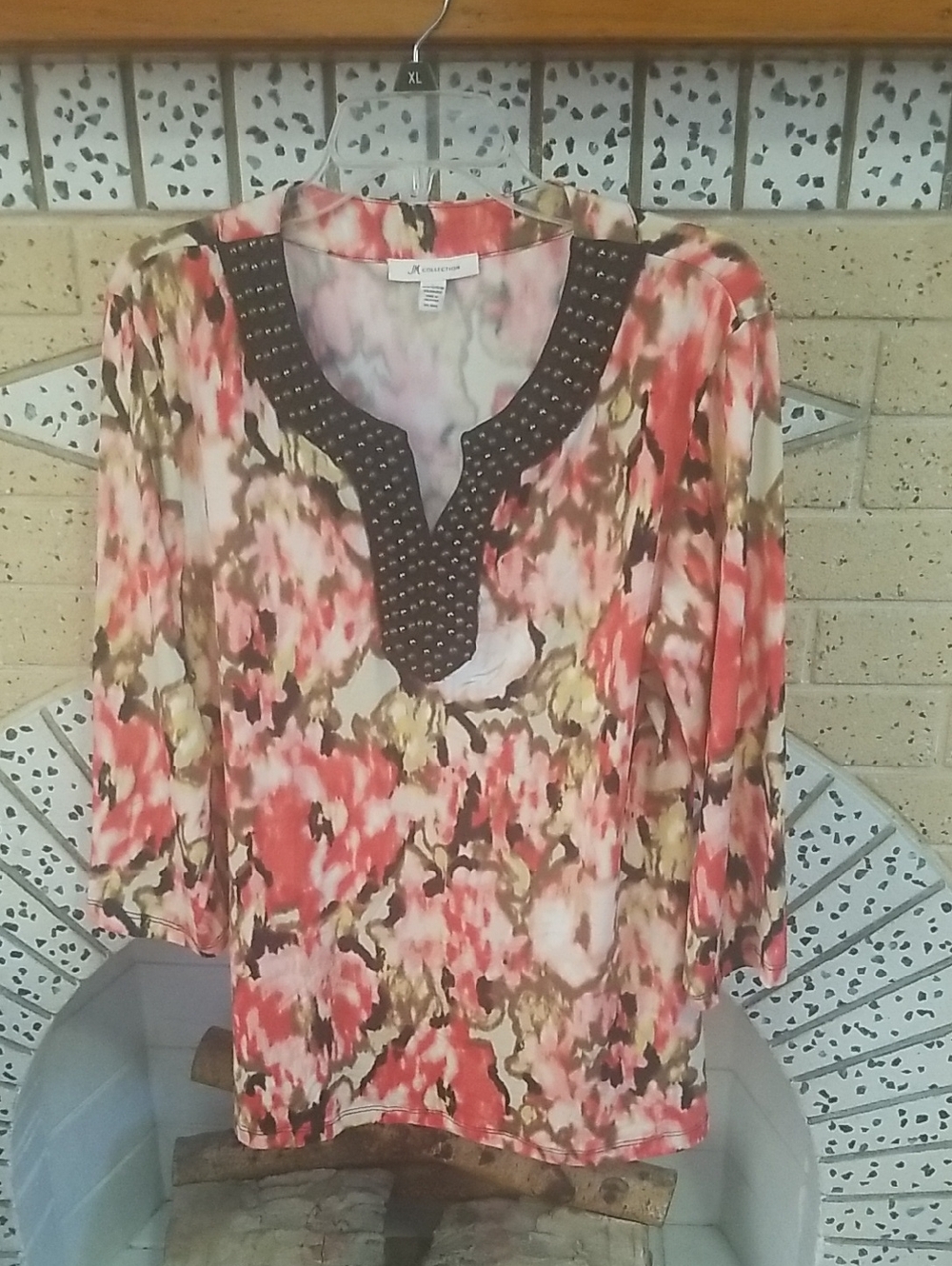 JM Collection Coral Floral Tunic with Studded Black V-Neck